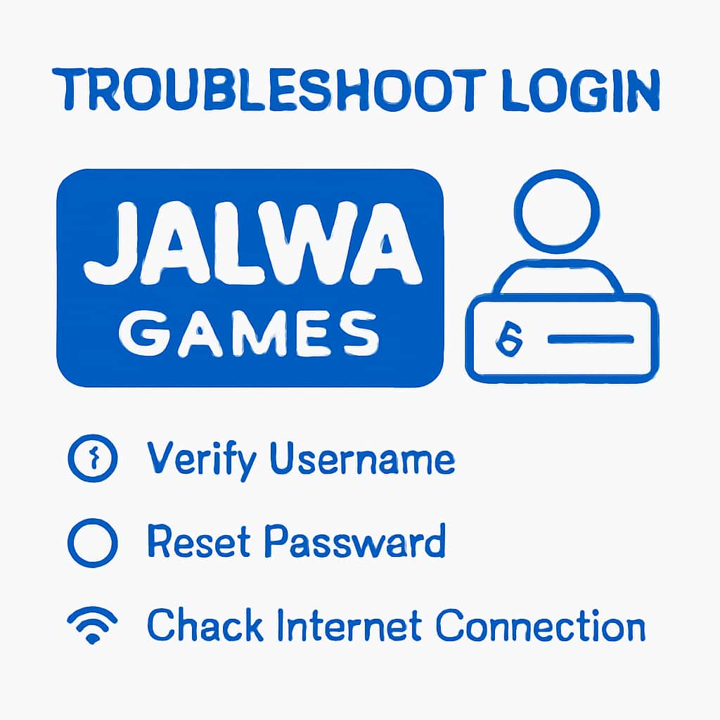 Illustration detailing the login troubleshooting process for Jalwa Games.